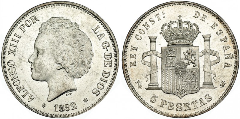 5 pesetas. 1892 *18-92. Madrid. PGM. VII-184. Pequeñas marcas. SC.