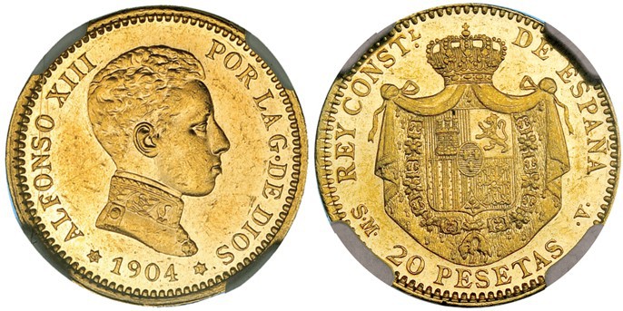 20 pesetas. 1904 *19-04. Madrid. SMV. VII-198. NGC-AU-58. EBC+. Muy rara.