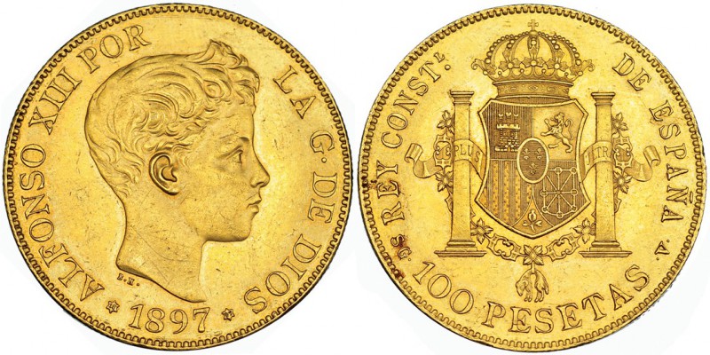 100 pesetas. 1897 *18-97. Madrid. SGV. VII-199. Pequeñas marcas en la gráfila de...