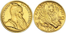 ALBANIA. 20 francos. 1926. Fasces. KM-12. B.O. EBC. Rara.