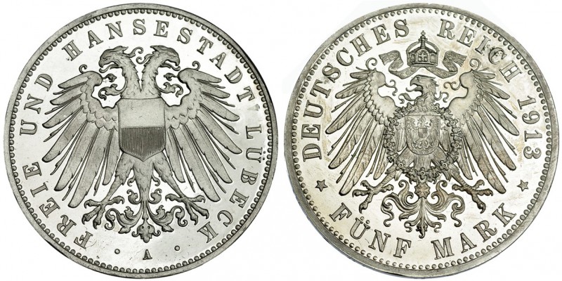 ESTADOS ALEMANES. Lubeck. 5 marcos. 1913. A. KM-213. Prueba. Rara.