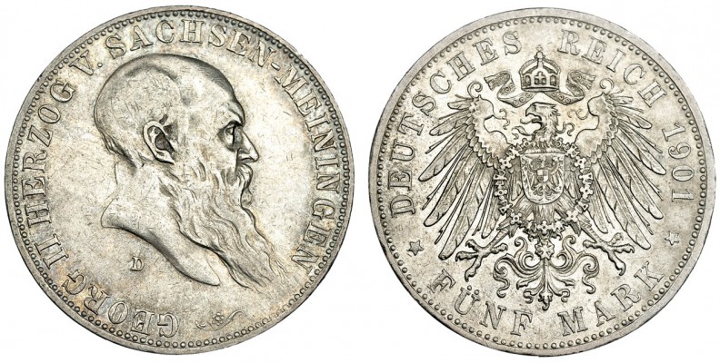 ESTADOS ALEMANES. Saxe-Meiningen. 5 marcos. 1901.D. KM-197. MBC+/EBC-.