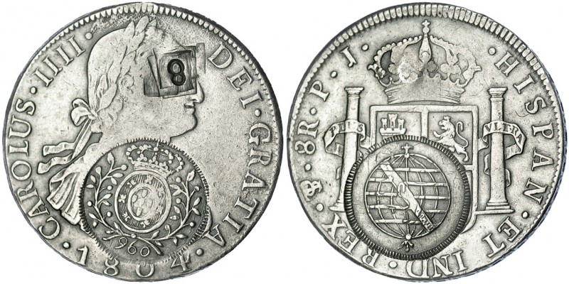 BRASIL. Sobre 8 reales, 1804, Potosí, PJ, doble resello: 960 reis. Minas Gerais ...