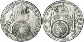 BRASIL. Sobre 8 reales, 1804, Potosí, PJ, doble resello: 960 reis. Minas Gerais y punzón rectangular con 8. GO-115.02. MBC+.