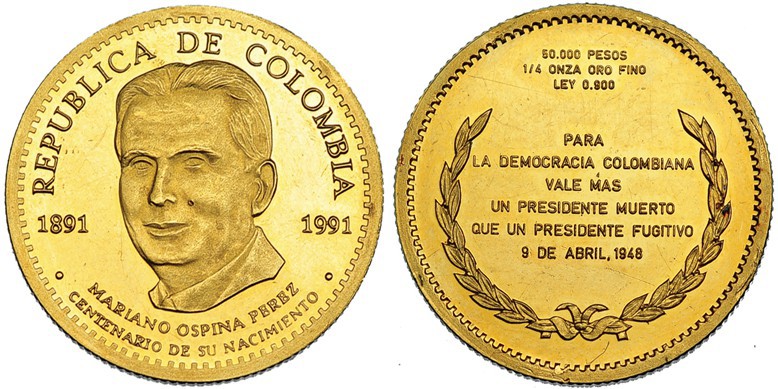COLOMBIA. 50.000 pesos. 1991. KM-290. Punzón en el anv. Prueba.