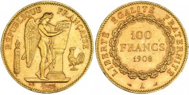 FRANCIA. 100 francos. 1908. A. KM-858. Golpecito en el canto. EBC.