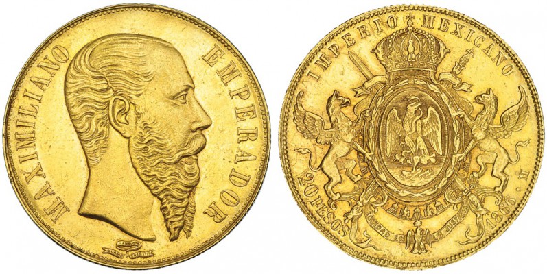 MÉXICO. Imperio de Maximiliano. 20 pesos. 1866. KM-389. EBC-/EBC. Rara.