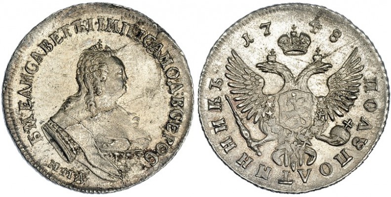 RUSIA. 1/4 de rublo o Polupoltinnk. 1748. MMA. Isabel Petrovna. EBC-. Muy rara e...