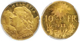 SUIZA. 10 francos. 1922. B. KM-36. PCGS-MS.66. SC.