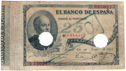 BANCO DE ESPAÑA. 25 pesetas. 7-1893. Falso de época, con sello FALSO y en el anv. y rev. y dos taladros. ED-B84 vte. MBC. Muy escasa.