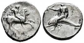 Calabria. Tarentum. Nomos. 302-280 BC. Si-? and Deinokrates?, magistrates. (Vlasto-692/3). (Sng Ans-1066/8). (HN Italy-967). Anv.: Nude rider on horse...