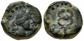 Galia. Massalia. AE 11. 49-27 BC. Marseille. (Sng Cop-851). Anv.: Head of Athena to right, MAC upwards before. Rev.: Kerykeion, M-AC across fields. Ae...