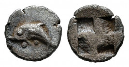 Thrace Islands. Thasos. 1/16 stater. 500-480 BC. (Hgc-6, 338 var). Anv.: Dolphin left; two pellets below. Rev.: Quadripartite incuse square. Ag. 0,34 ...