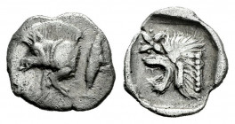 Mysia. Kyzikos. Hemiobol. 450-400 BC. (Klein-265). (Sng Bnf-375). Anv.: Forepart of boar to left, tunny fish behind. Rev.: Head of roaring lion to lef...