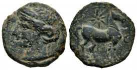 North Africa. Carthage. AE 22. 215-201 BC. Second Punic War. (Sng Cop-300 var). Anv.: Wreathed head of Tanit left. Rev.: Horse standing right; star ab...