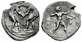 Pamphylia. Aspendos. Stater. 380/75-330/25 BC. (Sng Bnf-83). Anv.: Two wrestlers grappling; AΦ between. Rev.: EΣTFEΔIIYΣ, slinger in throwing stance t...