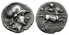 Phrygia. Kibyra. Drachm. 166-84 BC. (Sng von Aulock-3711). Anv.: Young male head to right, wearing crested helmet. Rev.: Helmeted and cuirassed horsem...