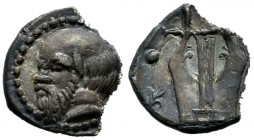 Sicily. Catane. Trionkion. 450-440 BC. Anv.: Head of a bearded, bald Silenus with ears of animal left. Rev.: K-(A) Cithara. Ag. 0,16 g. Broken planche...