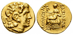 Kingdom of Thrace. Lysimachos. Stater. 120-63 BC. (Gc-1661). Rev.: ΒΑΣΙΛΕΩΣ / ΒΑΣΙΛΕΩΣ. Athena seated to the left holding Victoria and in exergue trid...
