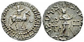 Indo-Skythians. Azes II. Tetradrachm. 58-12 BC. (Senior-98.375T). (Hgc-12,637). Anv.: BAΣIΛEΩΣ BAΣIΛEΩN MEΓAΛOY. Azes right on horseback, holding whip...