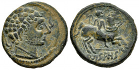 Arsaos. Unit. 120-80 BC. Area of Navarra. (Abh-145). Anv.: Bearded male head right, plough behind, dolphin before. Rev.: Horseman right, holding bipen...