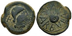 Carbula. Unit. 80 BC. Almodovar del Rio (Cordoba). (Abh-439). (Acip-2312 var.). Anv.: Male head right, iberian letter TA behind and "snake"? before. R...