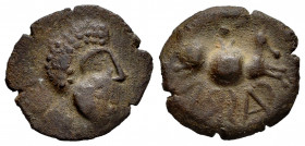 Carisa. Half unit. 50 BC. Bornos (Cádiz). (Abh-448). Anv.: Laureate male head right. Rev.: Horseman right, holding round shield and spear, inverted le...