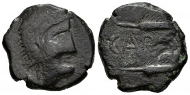 Carmo. Half unit. 80 BC. Carmona (Sevilla). (Abh-466). Anv.: Head of Hercules right, with lion skin. Rev.: Two ears of corn right, CAR(MO) in between....