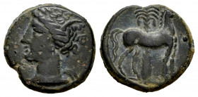 Hispanic-Carthaginian Coinage. 1/4 calco. 220-215 BC. Cartagena (Murcia). (Abh-508). Anv.: Head of Tanit left. Rev.: Horse standing right, palm behind...
