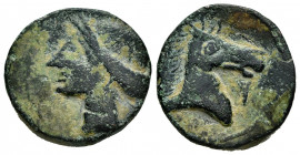 Hispanic-Carthaginian Coinage. Calco. 220-215 BC. Cartagena (Murcia). (Abh-511). Anv.: Head of Tanit left. Rev.: Head of horse right, phoenician lette...