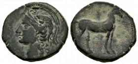 Carthage Nova. Calco. 237-209 a.C. Uncertain Spanish mint under Carthaginian occupation. (Abh-526). (Acip-593). (CNH-54). Anv.: Helmeted head of Athen...