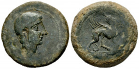 Kastilo-Castulo. Unit. 180 BC. Cazlona (Jaén). (Abh-697). Anv.: Diademed male head right. Rev.: Sphinx right with star and iberian letter KO before, l...
