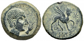 Kastilo-Castulo. Unit. 180 BC. Cazlona (Jaén). (Abh-701). Anv.: Diademed male head right, hand before. Rev.: Sphinx right, with star, legend KASTILO r...