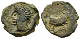 Kastilo-Castulo. Half unit. 180 BC. Cazlona (Jaén). (Abh-752). Anv.: Male head left, ahead legend. Rev.: Bull right, crescent above. Ae. 5,76 g. Infli...