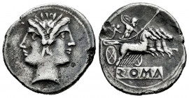 Anonymous. Didrachm - quadrigatus. 225-214 d.C. Rome. (Craw-29/3). (Sydenham-64). (Rsc-23). Anv.: Laureate head of Janus. Rev.: Jupiter standing in ga...