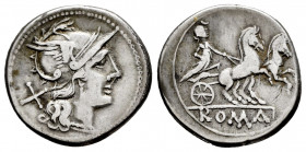 Anonymous. Denarius. 179-170 BC. Rome. (Ffc-75). (Craw-158/1). (Cal-50). Anv.: Head of Roma right, X behind. Rev.: Diana in biga right, crescent above...