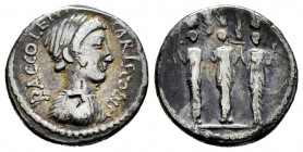 Accoleius. Denarius. 43 BC. Rome. (Ffc-90). (Craw-486/1). (Cal-62). Anv.: P. ACCOLEIVS LARISCOLVS, bust of Acca Larentia right. Rev.: Three statues of...