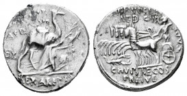 Aemilius. M Aemilius Scaurus y Pub. Plautius Hypsaeus. Denarius. 58 BC. Rome. (Ffc-123). (Craw-422/1b). (Cal-89). Anv.: M. SCAVR. / AED. CVR., above k...