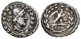 Aurelius. Lucius Aurelius Cotta. Denarius. 105 BC. Rome. (Ffc-187). (Craw-314/1c). (Cal-258). Anv.: Draped bust of Vulcan right, wearing laureate pile...