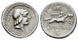 Calpurnius. L. Calpurnius Piso Frugi. Denarius. 90-89 BC. Rome. (Ffc-240). (Cal-306). Anv.: Laureate head of Apolo right, number behind head. Rev.: Ho...