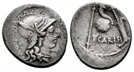 Carisius. T. Carisius. Denarius. 46 BC. Rome. (Ffc-546). (Craw-464/3a). (Cal-384). Anv.: Head of Roma right, crest is ornater, ROMA, behind. Rev.: Emb...