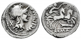 Cipius. M. Cipius M.F. Denarius. 115-114 BC. Uncertain mint. (Ffc-563). (Craw-289/1). (Cal-422). Anv.: Head of Roma right, M. CIPI M.F., before, X beh...