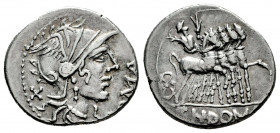 Domitius. Cnaeus Domitius Ahenobarbus. Denarius. 116-115 BC.. Norte de Italia. (Ffc-681). (Craw-285/1). (Cal-544). Anv.: Head of Roma right, X behind....