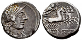 Fannius. Mareius Fannius C.f. Denarius. 123 BC. Auxiliary mint of Rome. (Ffc-705). (Craw-275/1). (Cal-576). Anv.: Head of Roma right, X below chin, (R...