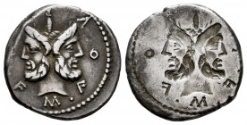 Furius. M. Furius L.f. Philus. Incuse denarius. 119 BC. Central Italy. (Ffc-730). (Craw-281/1). (Cal-600). Anv.: M. FOVRI. L.F. around laureate head o...