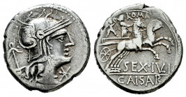 Julius. Sexergue Julius Caesar. Denarius. 129 BC. Rome. (Ffc-761). (Craw-258/1). (Cal-629). Anv.: Head of Roma right, anchor behind, X below chin. Rev...