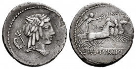 Julius. L. Julius Bursio. Denarius. 85 BC. Auxiliary mint of Rome. (Ffc-768). (Craw-no cita). (Cal-635). Anv.: Bust of Genius (or Apollo Vejovis) righ...