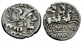 Junius. M. Junius Silanus. Denarius. 145 BC. Auxiliary mint of Rome. (Ffc-778). (Craw-220/1). (Cal-860). Anv.: Head of Roma right, X below chin, ass's...