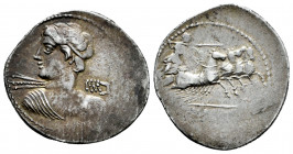 Licinius. C. Licinius L.f. MADer. Denarius. 84 BC. Auxiliary mint of Rome. (Ffc-803). (Craw-354/1). (Cal-889). Anv.: Diademed bust of Vejovis draped l...