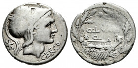 Lutatius. Q. Lutatius Cerco. Denarius. 109-108 BC. (Ffc-828). (Craw-305/1). (Cal-914). Anv.: Head of Roma or young Mars right, (ROMA)., above,* behind...